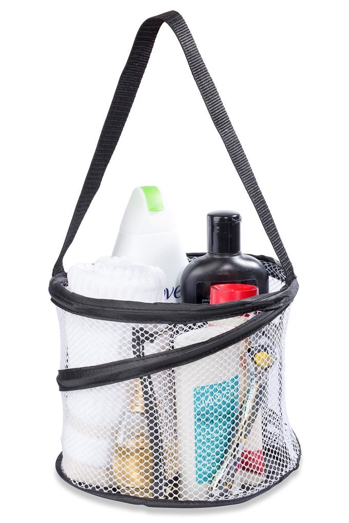 FOLDABLE SHOWER CADDY COLLAPSIBLE PORTABLE DRAINAGE HOLE CARRY HANDLE LARGE COMPARTMENTS GREAT ORGANIZER FOR CAMP TRAVEL GYM AND DORM BLACK