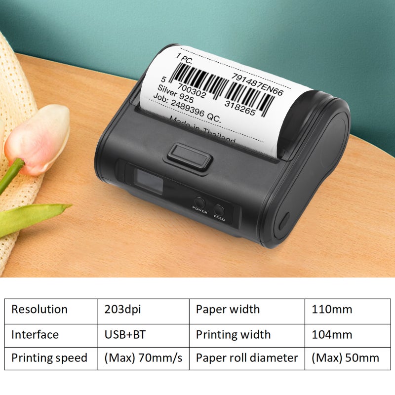 طابعة حرارية محمولة للإيصالات بعرض ورق 110 مم وعرض طباعة 104 مم وواجهة BT USB - دقة عالية 203 نقطة في البوصة مع بطارية قابلة لإعادة الشحن للمتاجر الكبرى والمطاعم - Image 3
