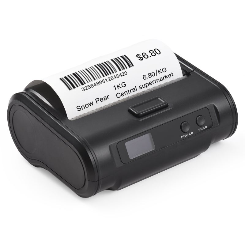 طابعة حرارية محمولة للإيصالات بعرض ورق 110 مم وعرض طباعة 104 مم وواجهة BT USB - دقة عالية 203 نقطة في البوصة مع بطارية قابلة لإعادة الشحن للمتاجر الكبرى والمطاعم - Image 1