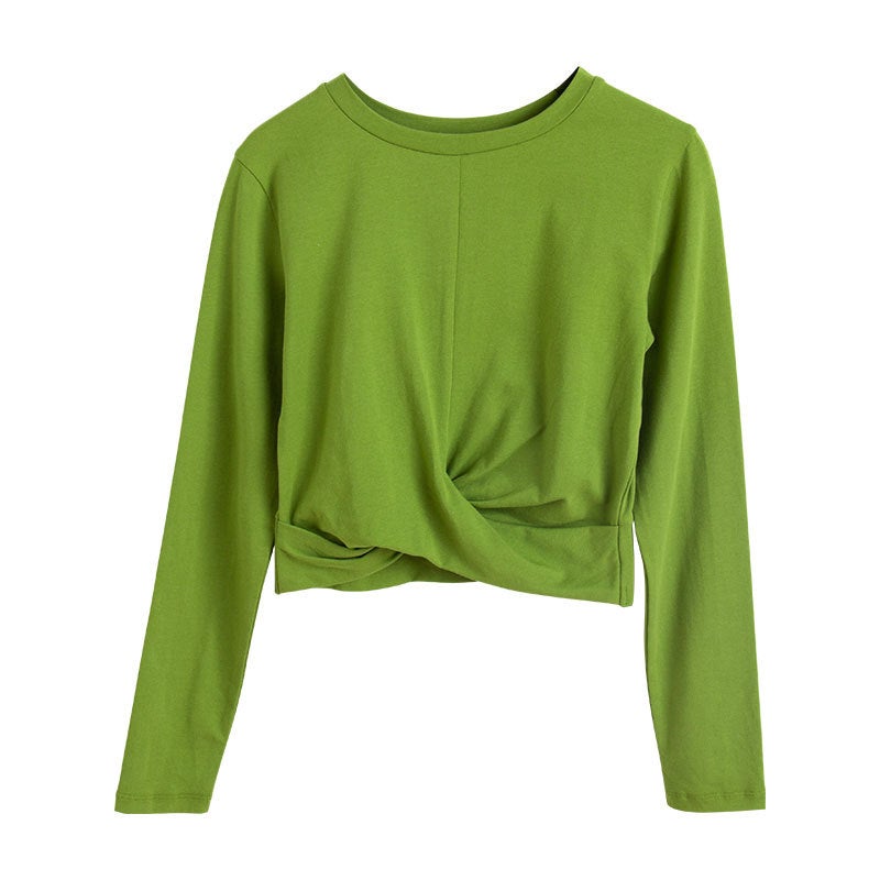 South Koreas new hem pleated navel round neck long sleeve stitching white high waist base shirt a generation of 246 Avocado Green 