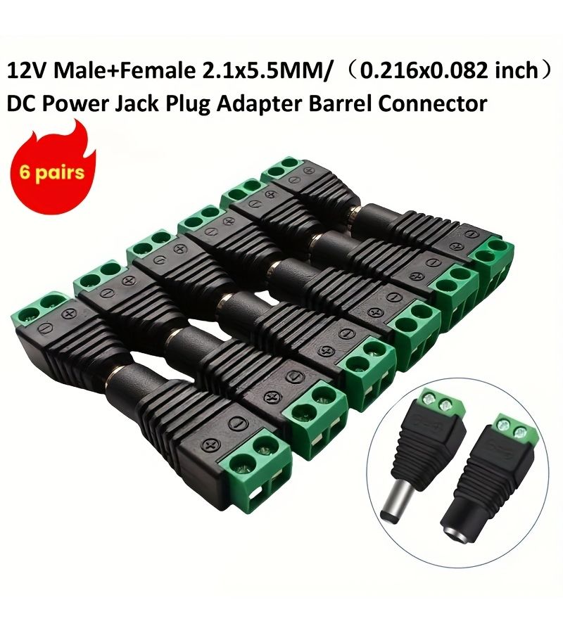 6 أزواج من موصلات الطاقة DC 12V، ذكور وإناث، مقابس طرفية لولبية، مقاس 5.5 مم × 2.1 مم، لكاميرات المراقبة CCTV وأشرطة LED وأسلاك معدات الطاقة DC والإلكترونيات DIY. - Image 1