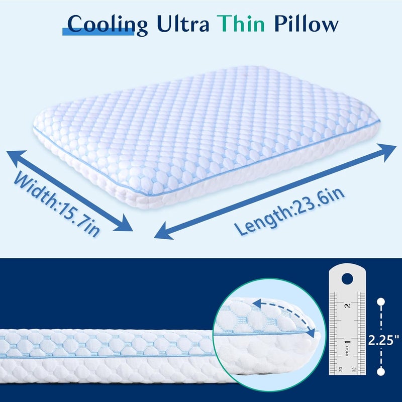 Iwacool Thin Pillow for Sleeping, Cooling Gel Flat Pillow for Stomach and Back Sleepers, Ultra Slim Stomach Sleeping Pillows for Shoulder Neck Pain Relief, Low Profile Memory Foam Pillows 2.25-inches - Image 3