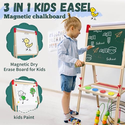 SUNFATT Easel for KidsAdjustable Wooden Art Easel for Kids114 Art SuppliesDouble Sided Magnetic Chalkboard and White Board for KidDrawing and Painting for Aged 24578122 Paper Rolls - Image 5