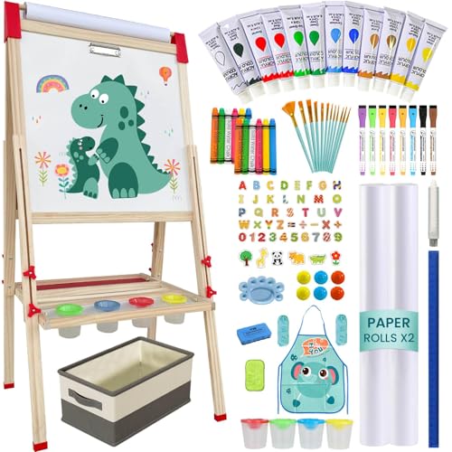 SUNFATT Easel for KidsAdjustable Wooden Art Easel for Kids114 Art SuppliesDouble Sided Magnetic Chalkboard and White Board for KidDrawing and Painting for Aged 24578122 Paper Rolls - Image 1