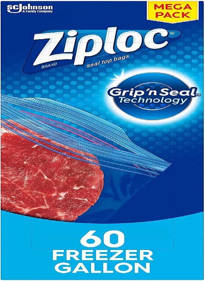 Ziploc Gallon Food Storage Freezer Bags, Grip 'n Seal Technology for Easier Grip, Open, and Close, 60 Count