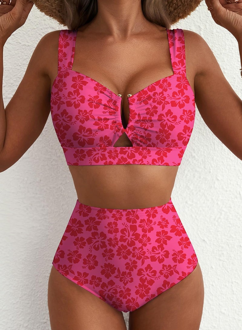 Herseas Women's High Waisted Two Piece Bikini Sets U Wire Cutout Floral Print Swim Suit Removable Padded V Neck Bathing Suits Cruise Essentials Trendy Vacation Outfits Fuchsia Floral XX-Large - Image 4