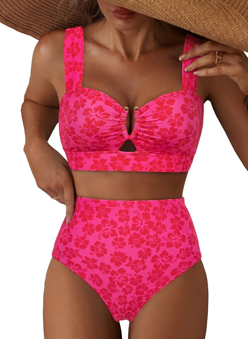 Herseas Women's High Waisted Two Piece Bikini Sets U Wire Cutout Floral Print Swim Suit Removable Padded V Neck Bathing Suits Cruise Essentials Trendy Vacation Outfits Fuchsia Floral XX-Large - Image 1