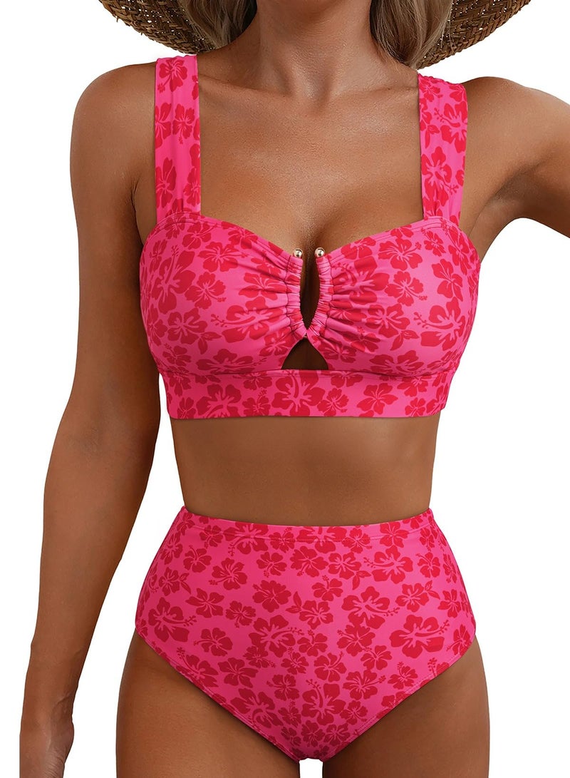 Herseas Women's High Waisted Two Piece Bikini Sets U Wire Cutout Floral Print Swim Suit Removable Padded V Neck Bathing Suits Cruise Essentials Trendy Vacation Outfits Fuchsia Floral XX-Large - Image 3