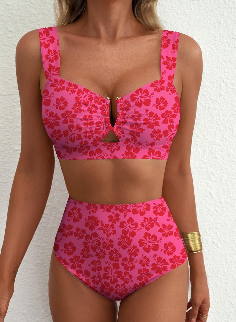 Herseas Women's High Waisted Two Piece Bikini Sets U Wire Cutout Floral Print Swim Suit Removable Padded V Neck Bathing Suits Cruise Essentials Trendy Vacation Outfits Fuchsia Floral XX-Large - Image 5