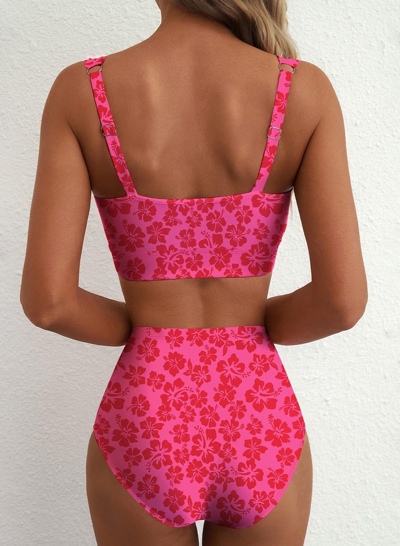 Herseas Women's High Waisted Two Piece Bikini Sets U Wire Cutout Floral Print Swim Suit Removable Padded V Neck Bathing Suits Cruise Essentials Trendy Vacation Outfits Fuchsia Floral XX-Large - Image 2