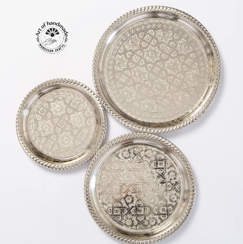 Art Of Handmade Moroccan Tea Tray Serving Cocktail Silver Handmade Fez Small Or Large Round (9/11/13/15 Inches) (9 Inches) - Image 1
