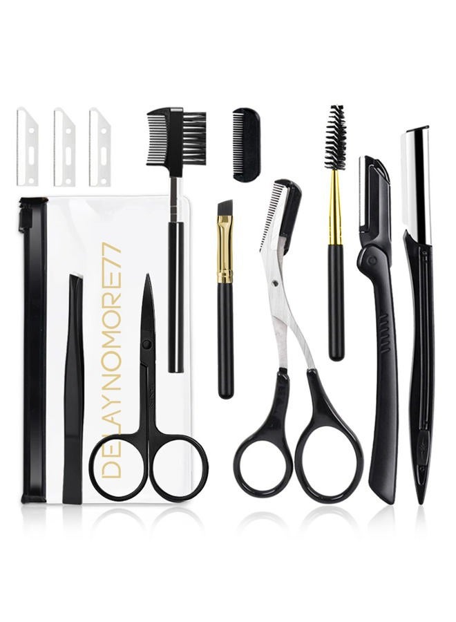 DELAYNOMORE77 Eyebrow Razor Kit, 12 in 1 Professional Eyebrow Grooming Set, Including 3 Razors Trimmer,1 Tweezer,2 Scissors,2 Replacement Blades,1 Eyelashes Roller,2 Brushes,1 Storage Bag - Image 1