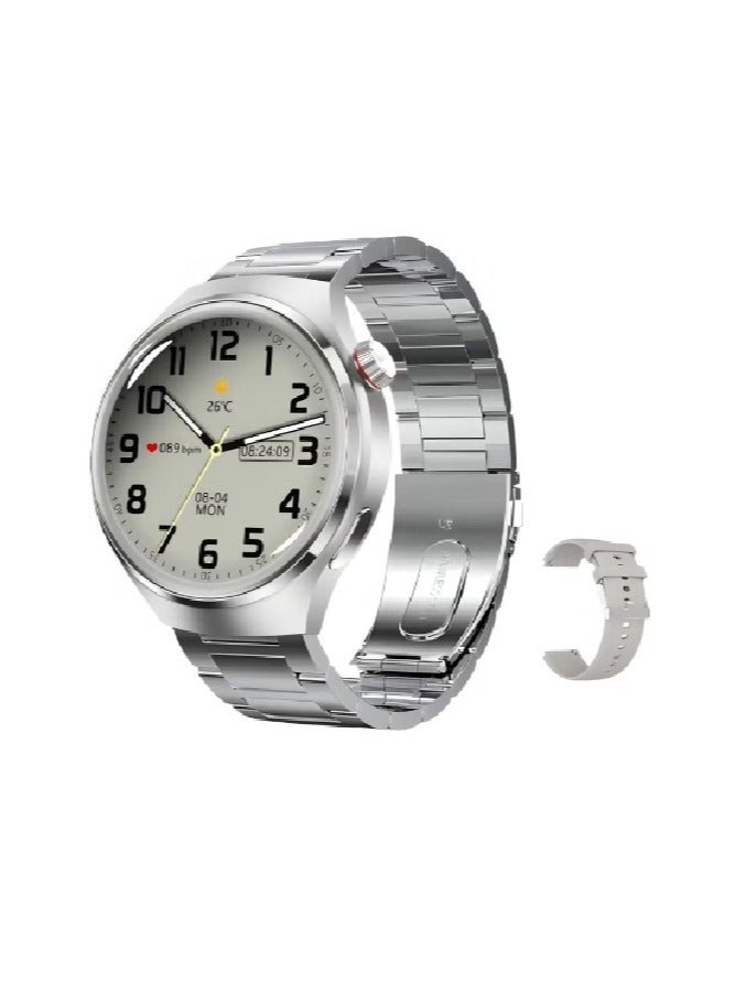 Smart Watch GT4 PRO With Bluetooth Calling Function (Answer/Make Calls), Fitness Tracking Watch With Sleep Monitoring Function, Suitable For IPhone/Android, IP68 Waterproof (Silver Silicone + Silver Steel) 2pcs Watch Strap  - Image 1