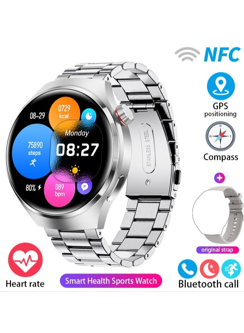 Smart Watch GT4 PRO With Bluetooth Calling Function (Answer/Make Calls), Fitness Tracking Watch With Sleep Monitoring Function, Suitable For IPhone/Android, IP68 Waterproof (Silver Silicone + Silver Steel) 2pcs Watch Strap  - Image 2