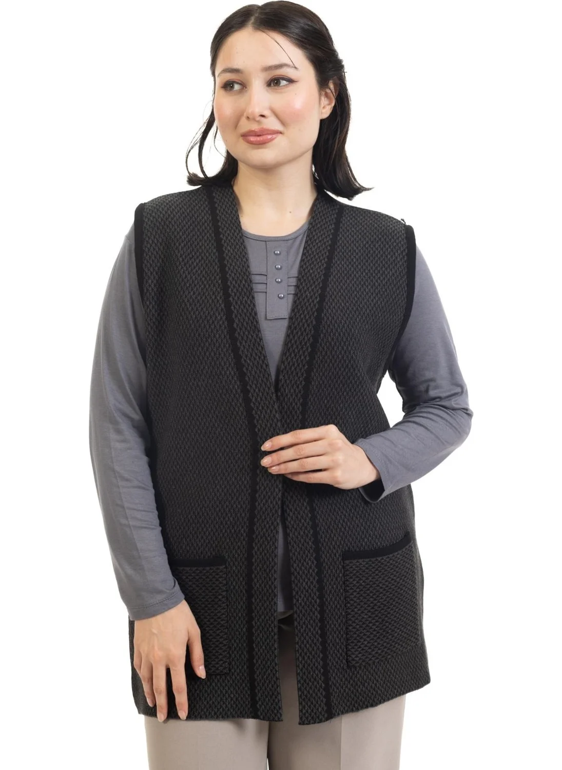 Mutlu City Women Middle Age and Above Knitwear Knitted Tiny Diamond Pattern Buttonless Mother Vest 332