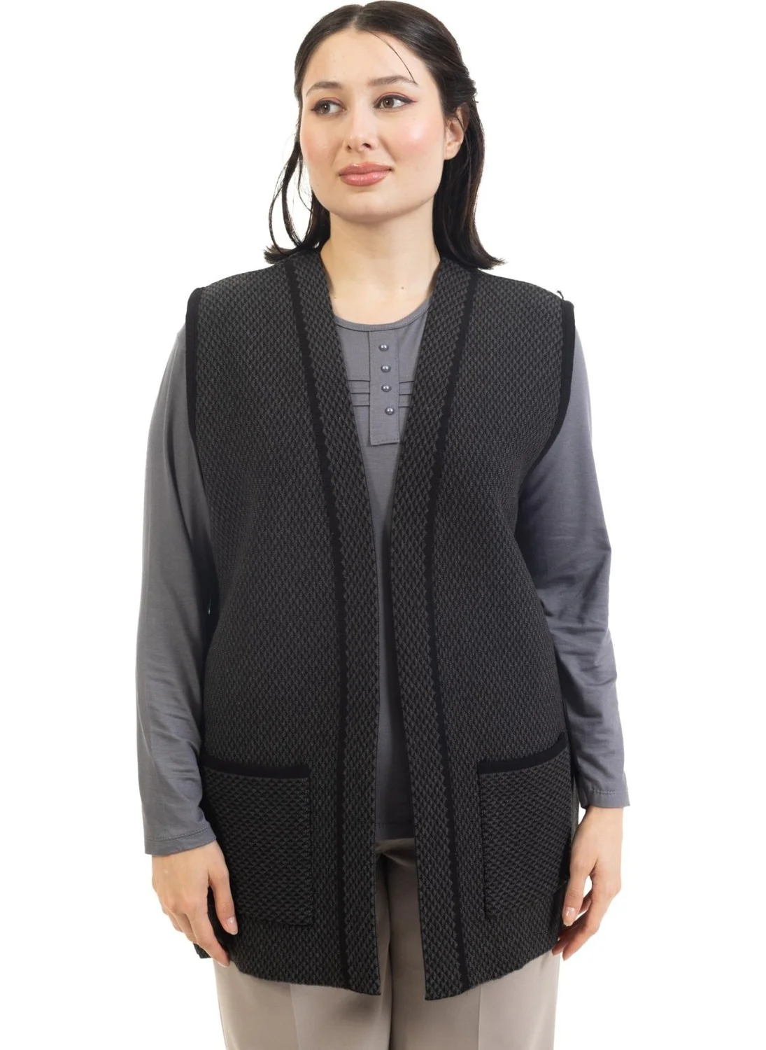 Mutlu City Women Middle Age and Above Knitwear Knitted Tiny Diamond Pattern Buttonless Mother Vest 332