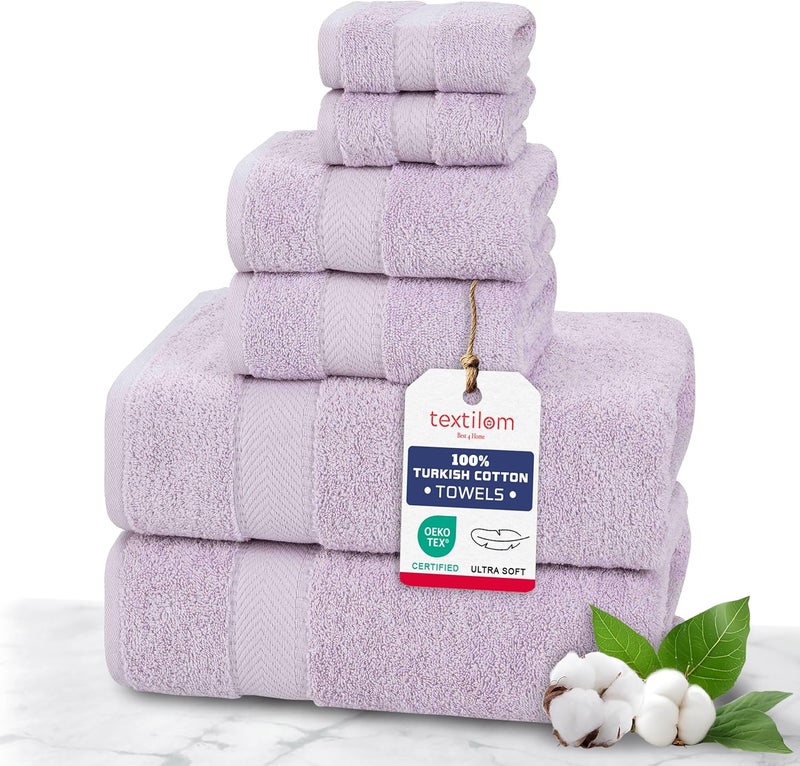 TEXTILOM 100% Turkish Cotton 6 Pcs Bath Towel Set, Luxury Soft & Absorbent Bathroom Towels Set (2 Bath Towels, 2 Hand Towels, 2 Washcloths)- Lilac - Image 1