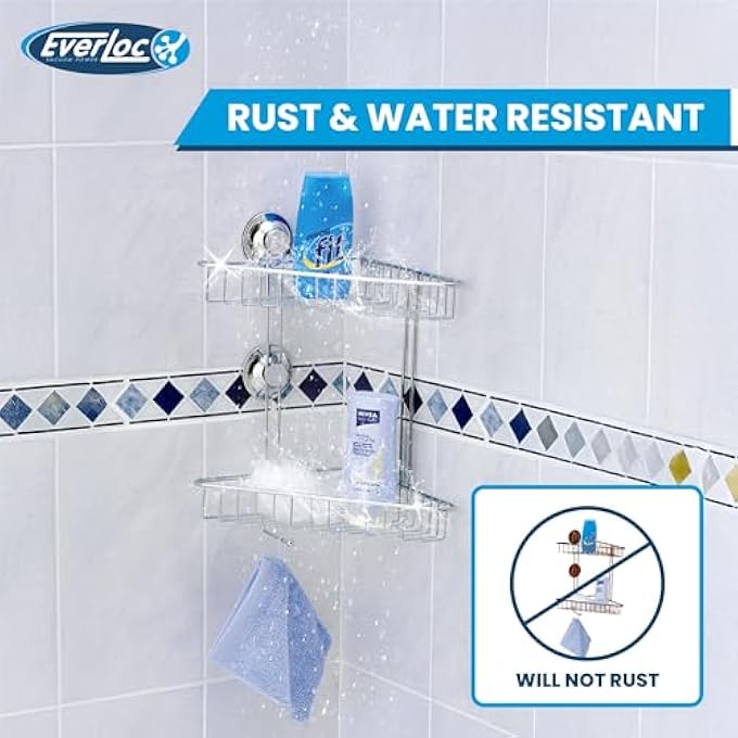 EVERLOC 2 Shelf Corner Rack No Drilling No Screws No Glue No Adhesive Vacuum Suction Wall Mounted Chrome Corner Bathroom Accessories Holder Shower Rack Easy Install EVL10202 - Image 3