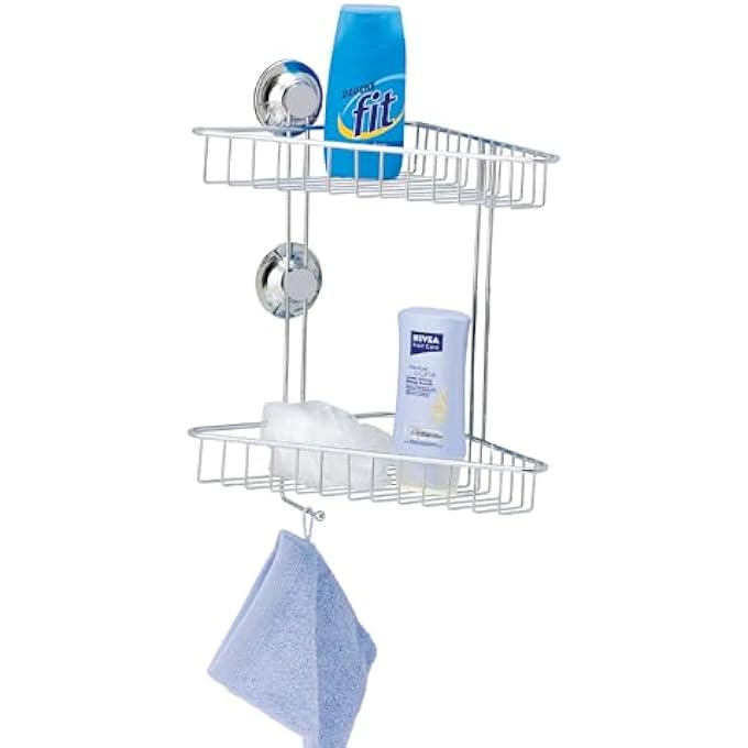 EVERLOC 2 Shelf Corner Rack No Drilling No Screws No Glue No Adhesive Vacuum Suction Wall Mounted Chrome Corner Bathroom Accessories Holder Shower Rack Easy Install EVL10202 - Image 1