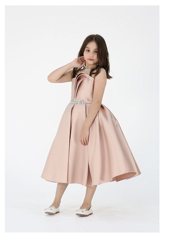 Dentek - A luxurious evening dress for girls of Mikado taffeta material, distinguished by an elegant touch in the chest and decorated with an elegant belt inlaid with luxurious crystal beads from the bottom, a - Image 1