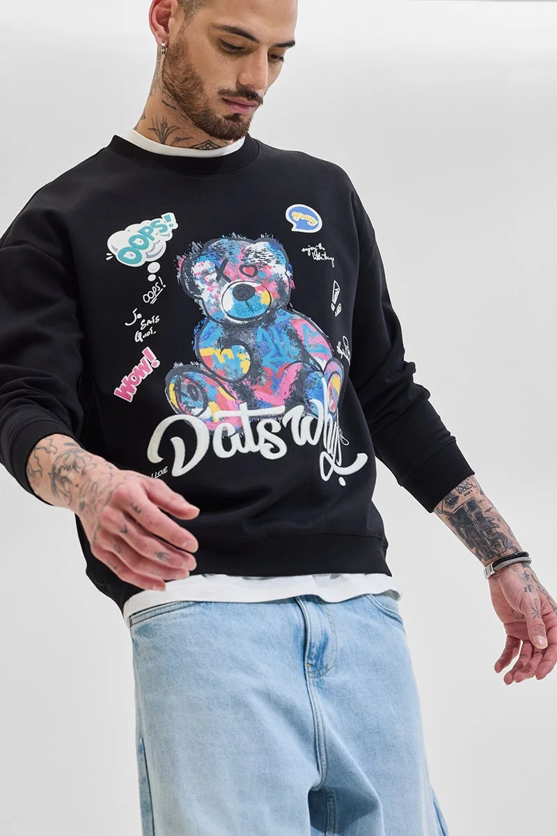 سنيتش Black Graphic Long Sleeve Relaxed Sweatshirt