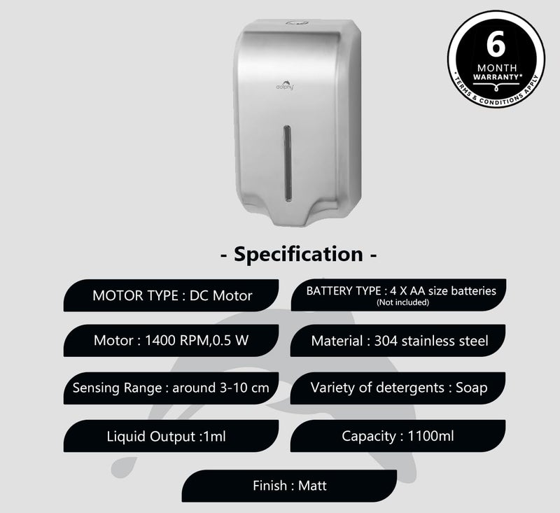 Dolphy Automatic 304 Stainless Steel Wall Mounted Soap Dispenser - (1100ml) - Image 2