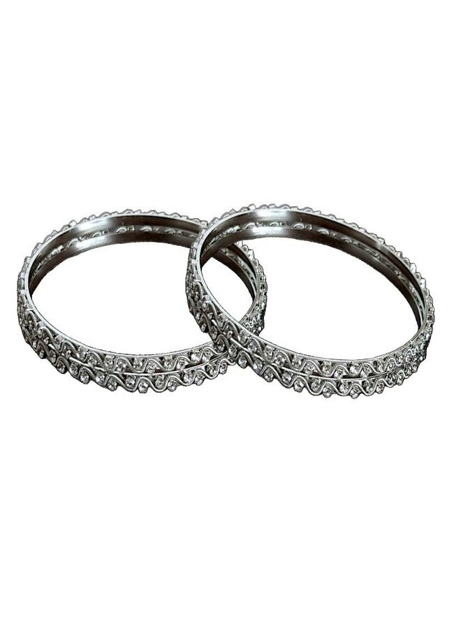 ACCESSHER Elegant Silver-Tone American Diamond Kada Set | Stylish Kangan Set with Wavy Spiral Pattern with Studded Stone| Bangle Set for Women & Girls (Set of 4) (2.8) - Image 1
