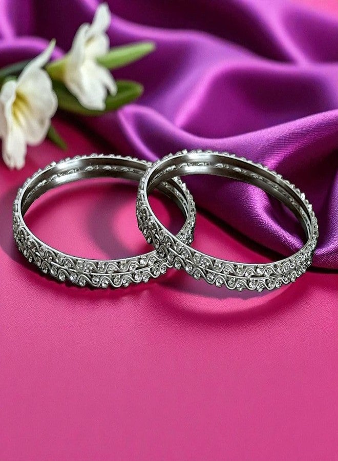 ACCESSHER Elegant Silver-Tone American Diamond Kada Set | Stylish Kangan Set with Wavy Spiral Pattern with Studded Stone| Bangle Set for Women & Girls (Set of 4) (2.8) - Image 3