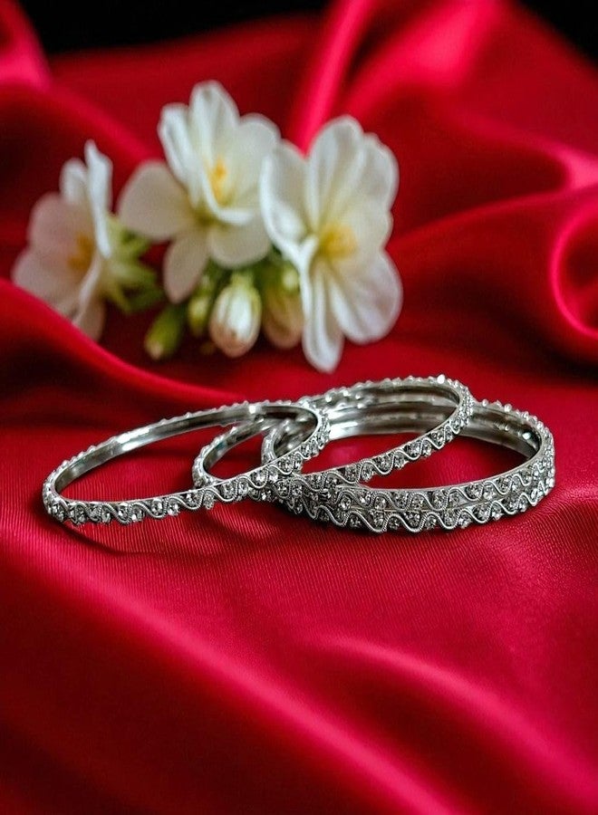 ACCESSHER Elegant Silver-Tone American Diamond Kada Set | Stylish Kangan Set with Wavy Spiral Pattern with Studded Stone| Bangle Set for Women & Girls (Set of 4) (2.8) - Image 4