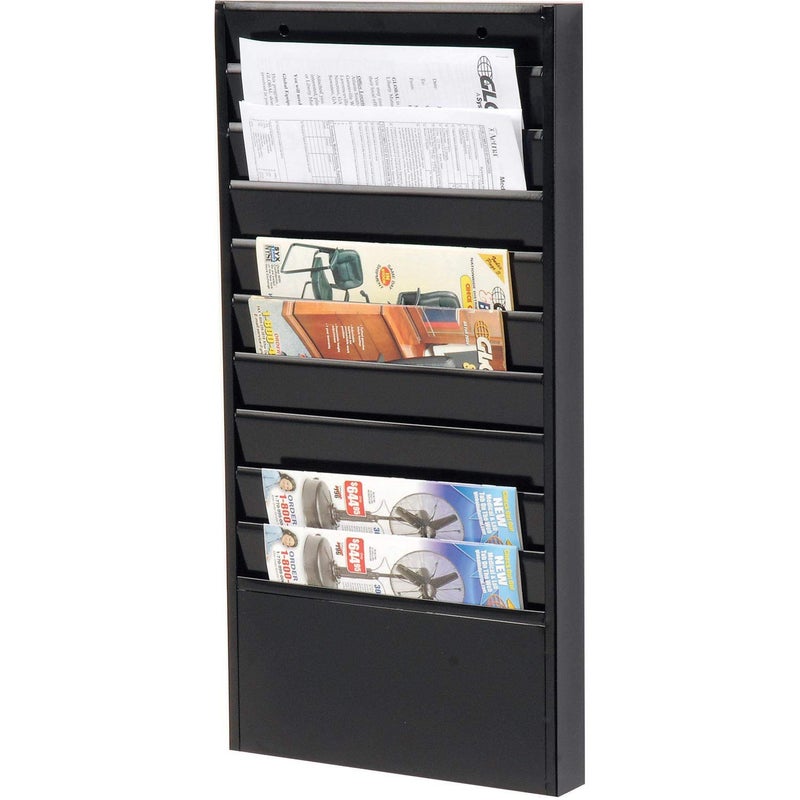 Global Industrial Steel Medical Chart Hanging Wall File Holder, 10 Pockets, Black, Wall Mounted Magazine and File Folder Holder, 12-1/4"W x 5-3/4"H Pockets - Image 2