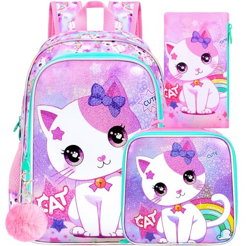 GXTVO 3PCS Girls Cat Backpack 16 Kids Bookbag with Lunch Box Water Resistant Elementary School Bag for Preschool Toddler - Image 1