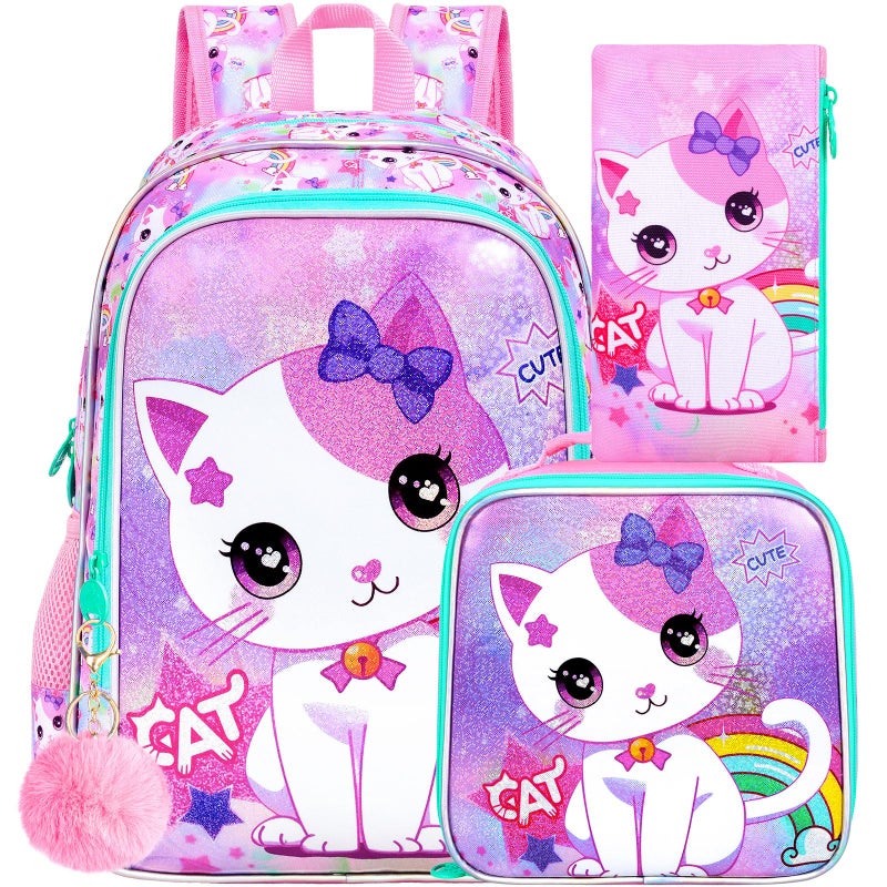 GXTVO 3PCS Girls Cat Backpack 16 Kids Bookbag with Lunch Box Water Resistant Elementary School Bag for Preschool Toddler - Image 2