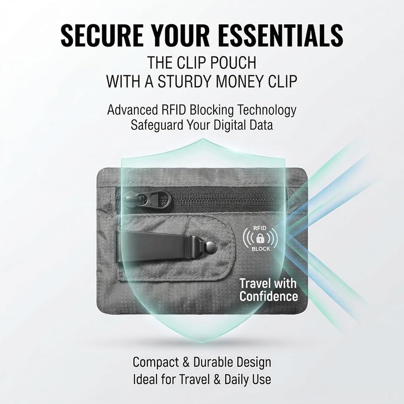 KOSMCCO RFID Blocking Clip Stash Pocket, Compact Hidden Travel Belt Wallet for Cards & Cash - Slim Pickpocket-Proof Design for Everyday Carry, Grey, Medium (3.5x5.2"), Low Profile - Image 3