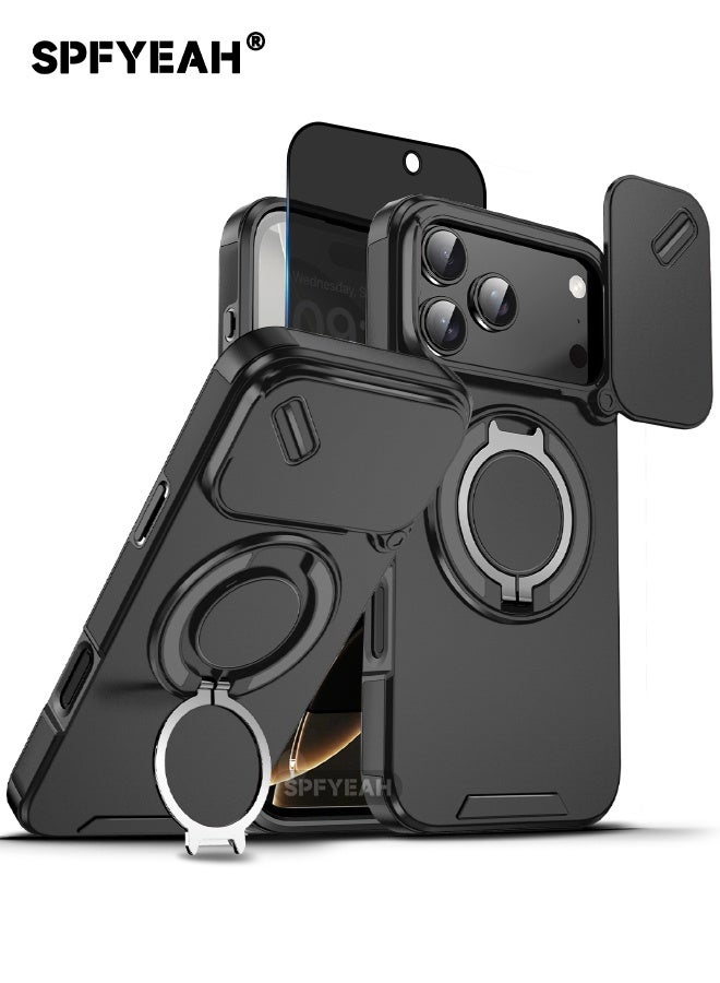 SPFYEAH [2-in-1] iPhone 17 Pro Max Case with Privacy Screen Protector, Slide Camera Cover, Built-in 360° Rotate Round Ring Kickstand, Heavy Duty Shockproof Back Cover for iPhone 17 Pro Max 6.9 inch (Black, 1+1 Pack) - Image 1