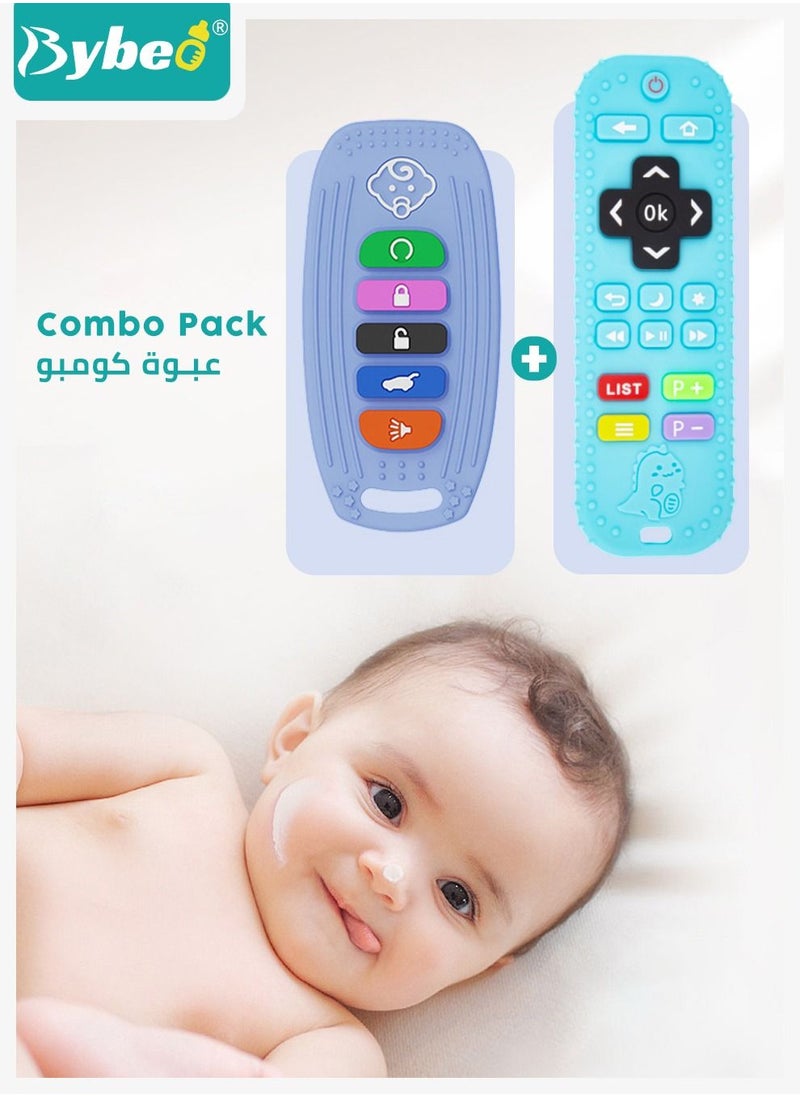 Bybeo - 2 Pack Silicone Baby Teething Toys, Remote Control and Car Key Shape Infants Chew Toy With 2 Anti-loss Chain And One Cleaning Brush - Image 1