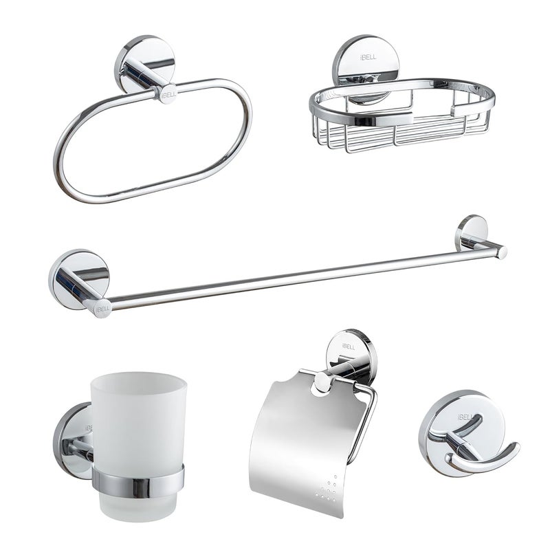 IBELL Stainless Steel Set of 6PcsBathroom Hardware Set Towel BarSoap HolderToothbrush Holder with TumblerToilet Paper HolderHookTowel Ring - Image 1