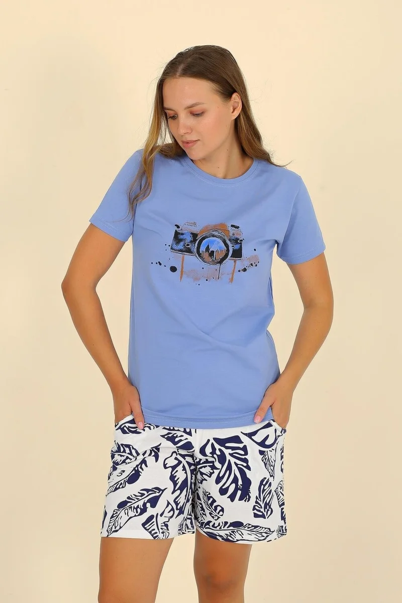 Akbeniz Women's Short Sleeve Combed Cotton Pajama Set Blue 3622
