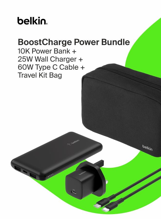 بيلكين شاحن محمول، حزمة طاقة 4 في 1 مع بنك طاقة بسعة 10000 مللي أمبير، كتلة شحن USB-C بقوة 25 واط، كابل USB-C بقوة 60 واط، وحقيبة سفر – شحن سريع لأجهزة متعددة، تصميم مدمج للسفر - Image 1