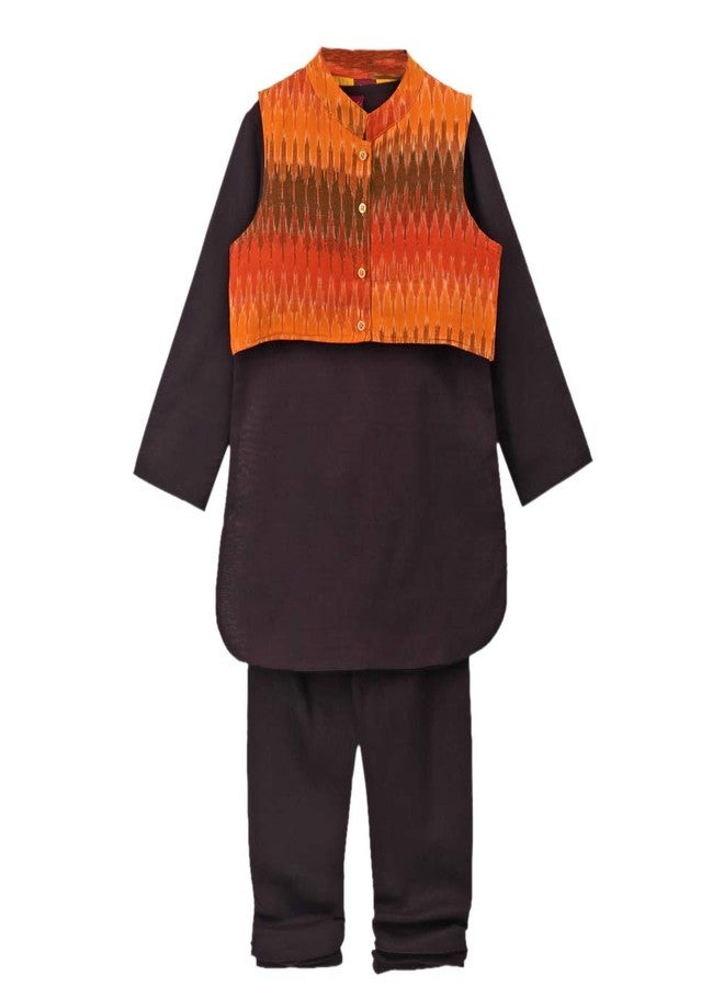 TWISHA Stylish Boys Kurta Pyjama with Ikkat jacket set-Black -5Y - Image 1