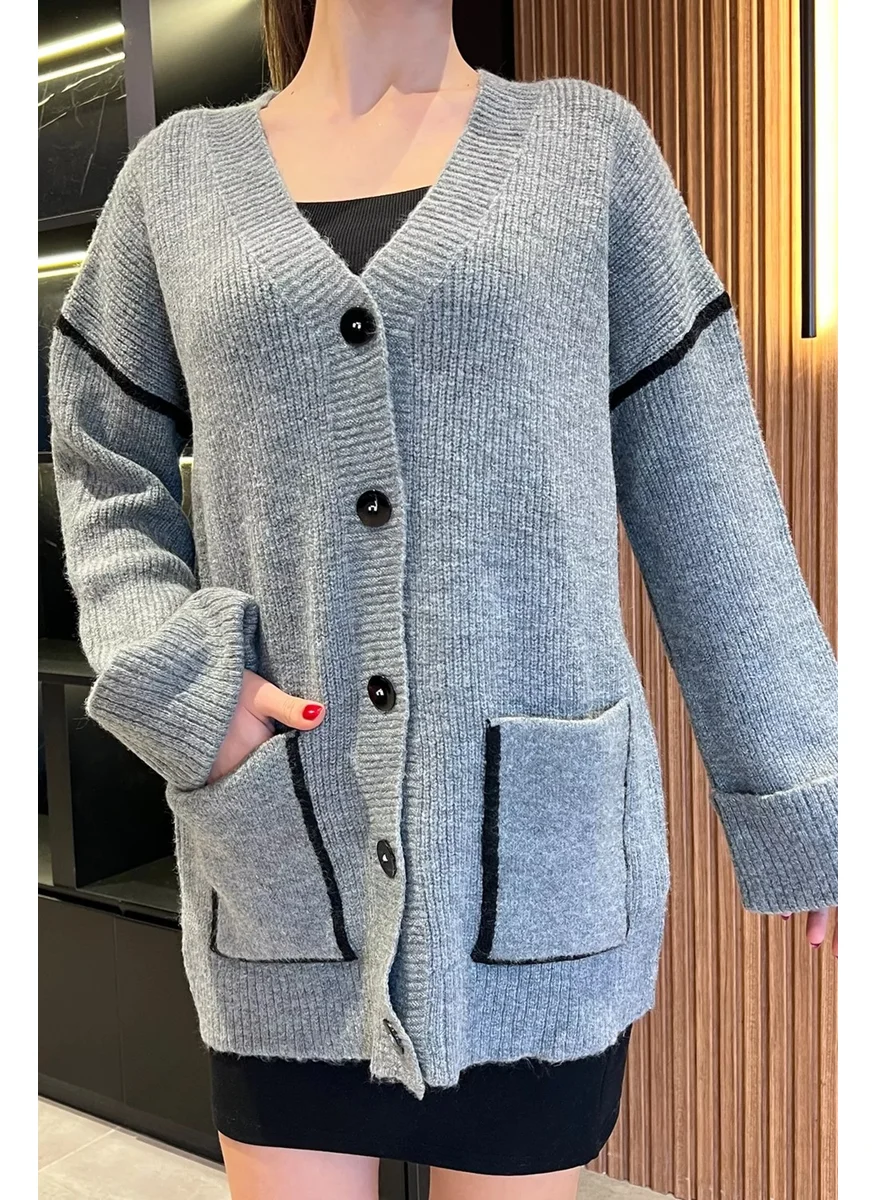 Gülseli Women's Sleeve Folded Stripe Patterned Knitwear Cardigan