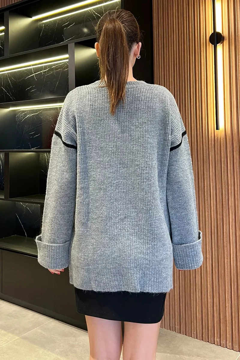 جولسلي Women's Sleeve Folded Stripe Patterned Knitwear Cardigan