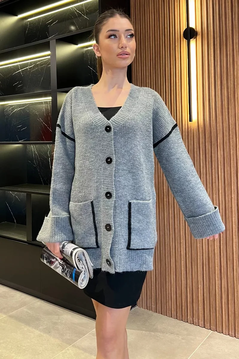 جولسلي Women's Sleeve Folded Stripe Patterned Knitwear Cardigan