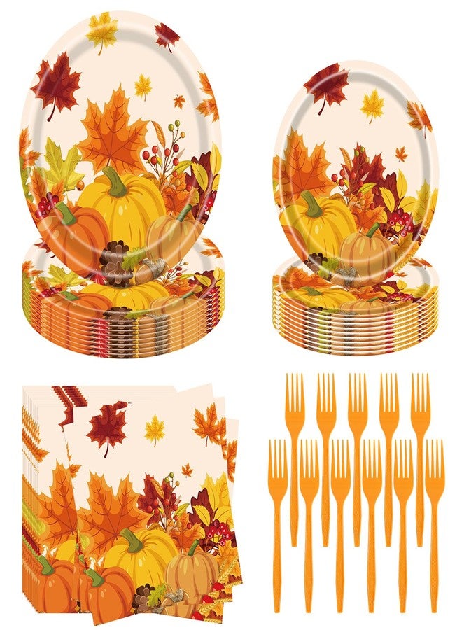 WIQEDOHA Fall Party Supplies - 96 Pcs Thanksgiving Paper Plates and Napkins, Forks, Pumpkin Autumn Disposable Tableware Set for Harvest Party Decorations - Image 1