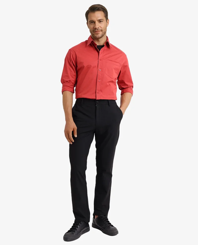 Rare Rabbit Rare Rabbit Men's Crofty Red Cotton Lycra Fabric Full Sleeves Collared Neck Regular Fit Plain Shirt
