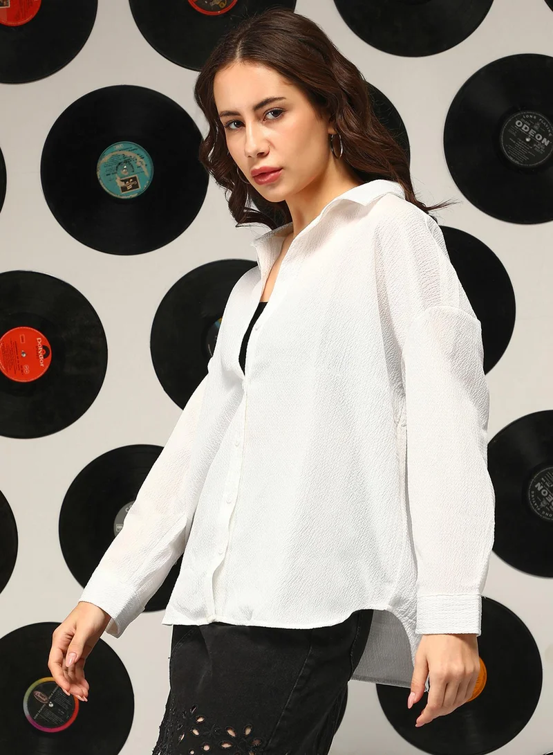 كامبوس سوترا قميص نسائي أبيض واسع بأكمام طويلة وياقة عادية للملابس الكاجوال