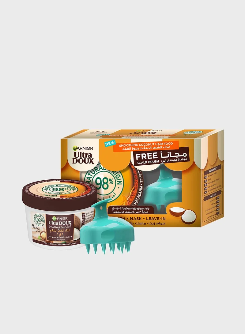 garnier Ultra Doux Smoothing Coconut 3-in-1 Hair Food For Frizzy Hair 390ml + FREE Scalp Brush