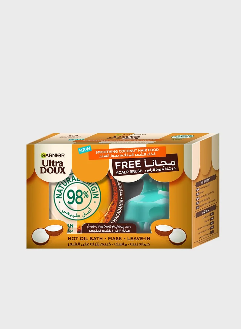 garnier Ultra Doux Smoothing Coconut 3-in-1 Hair Food For Frizzy Hair 390ml + FREE Scalp Brush