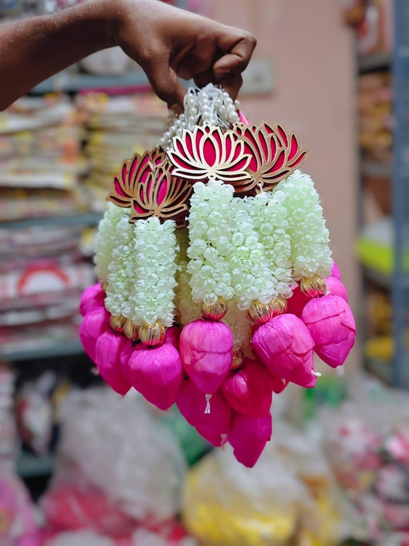 Nutts Lotus Hanging Jasmine Mogra with Pink Lotus Buds Pearls for Festive Pooja Side Door Main Docor Wedding Housewarming Griha Pravesh Any Festivals Pack of 6 