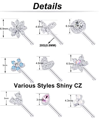 Tornito 9Pcs Nose Rings Stud Bone Shaped Nose Ring Flower CZ Snowflake Butterfly Screw Nose Stud Body Piercing Jewelry for Women Men 20G Silver Tone - Image 4