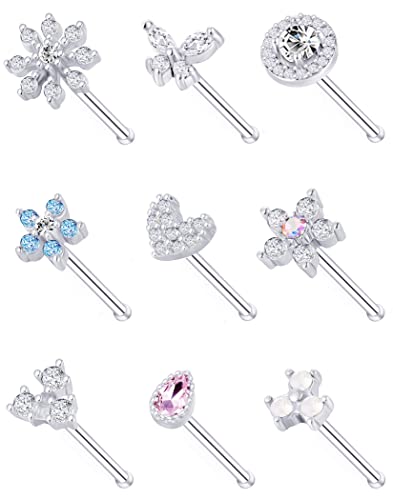 Tornito 9Pcs Nose Rings Stud Bone Shaped Nose Ring Flower CZ Snowflake Butterfly Screw Nose Stud Body Piercing Jewelry for Women Men 20G Silver Tone - Image 1